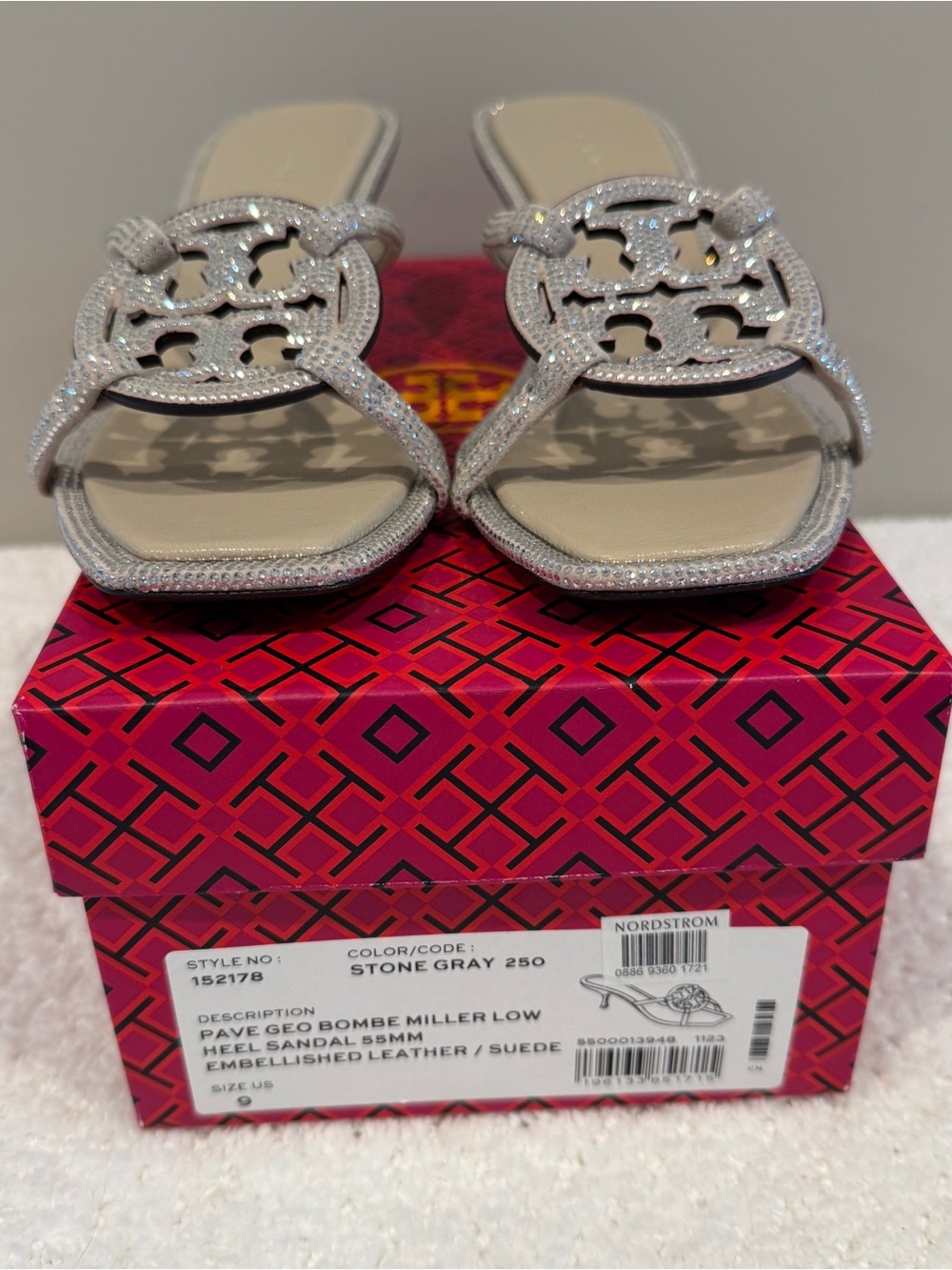 Crystal-Embellished Tory Burch Pave Geo Bombe Miller Low Heel Sandals - Picture 4 of 5